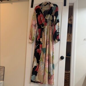 OT Miami Designer Floral Maxi Dress Front Leg Slit Waisted Collared